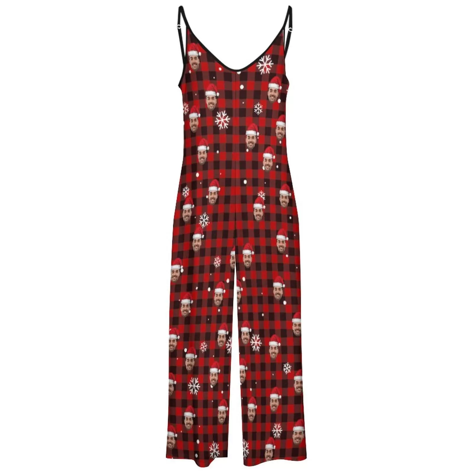 Persoanlized Sleepwear Custom Photo Funny Loungewear With Faces On Women's Red Plaid Christmas Hat Suspender Jumpsuit Loungewear