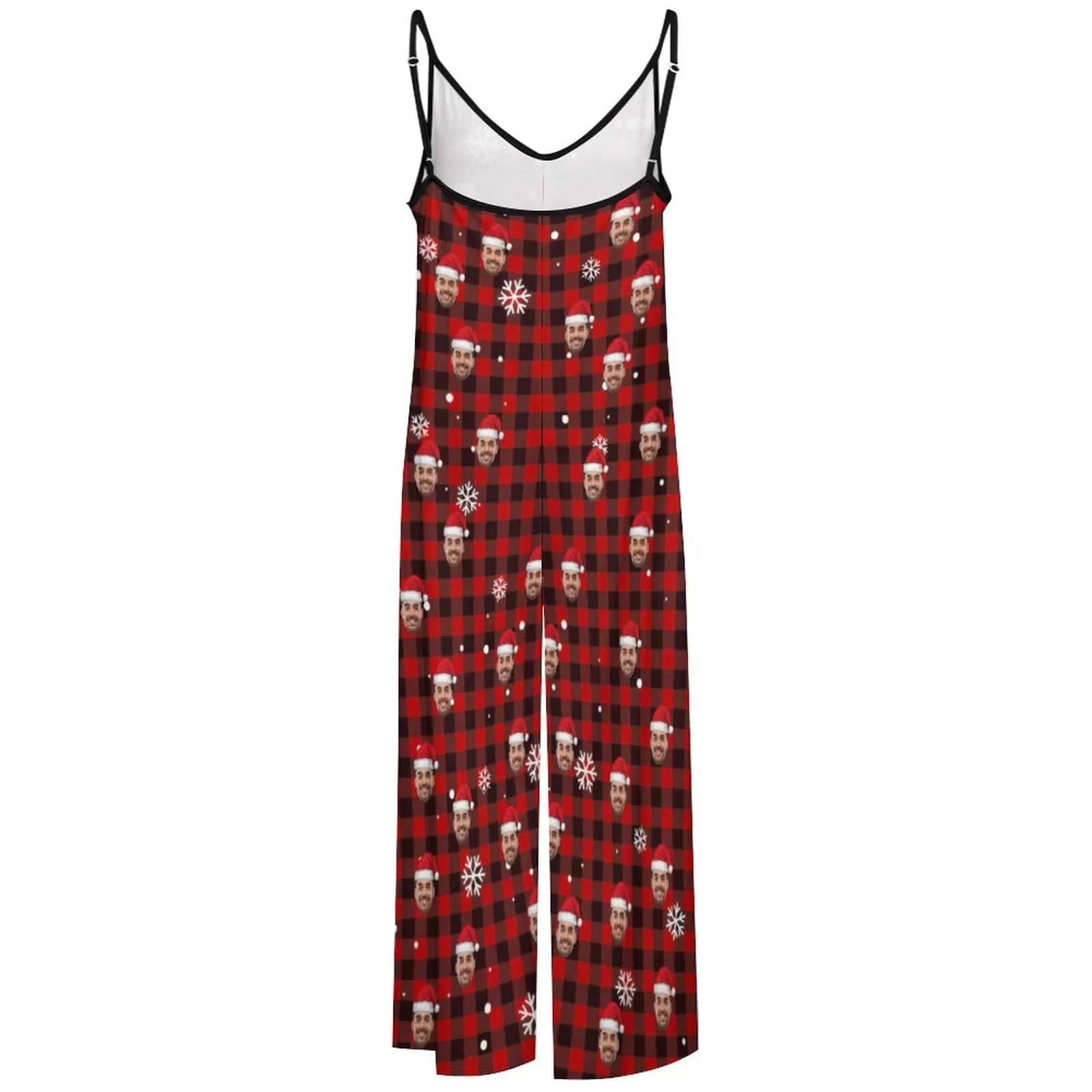 Persoanlized Sleepwear Custom Photo Funny Loungewear With Faces On Women's Red Plaid Christmas Hat Suspender Jumpsuit Loungewear