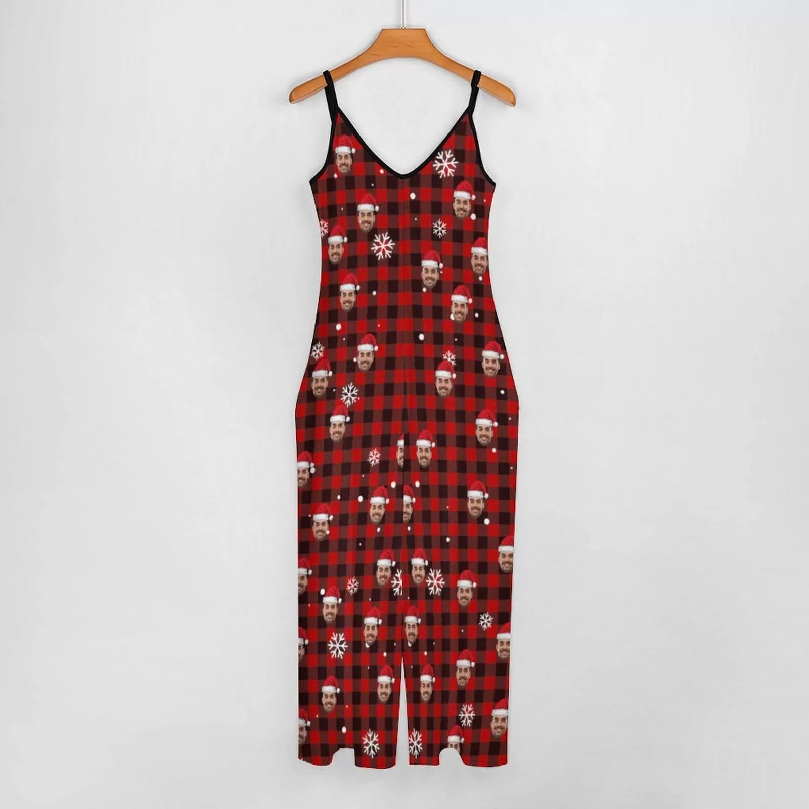 Persoanlized Sleepwear Custom Photo Funny Loungewear With Faces On Women's Red Plaid Christmas Hat Suspender Jumpsuit Loungewear