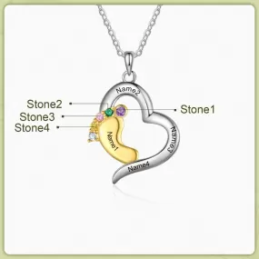 Personalized Baby Feet Heart-Shaped Necklace Of 4 Stones