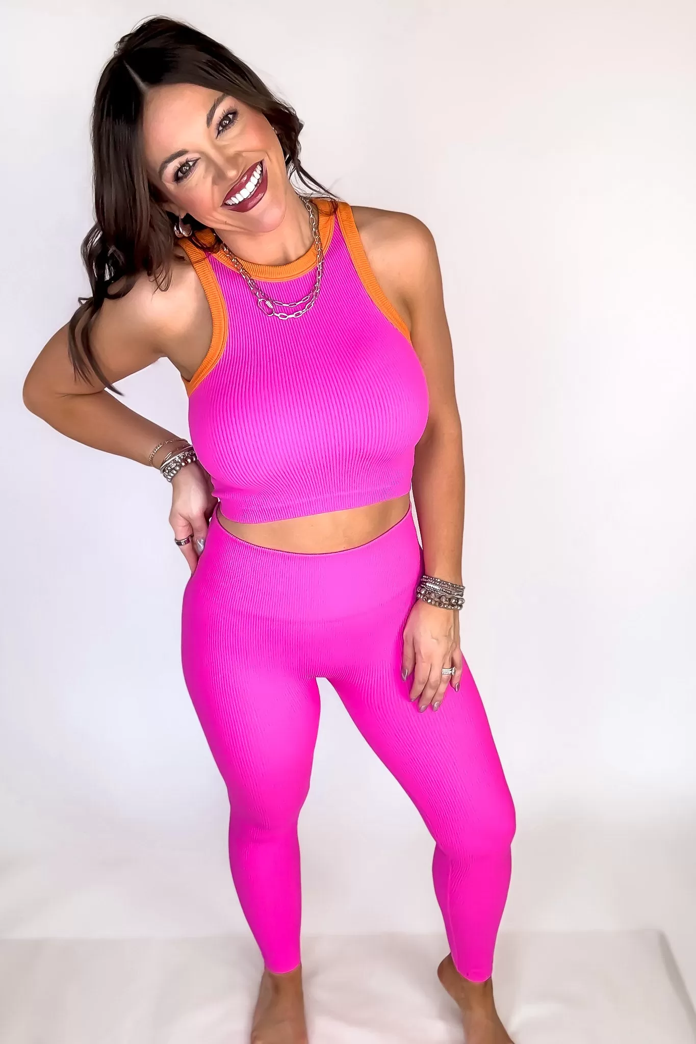 Pink And Coral Contrast Binding Rib Tank