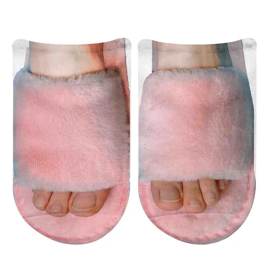 Pink Furry Slippers Printed on No Show Socks for Her