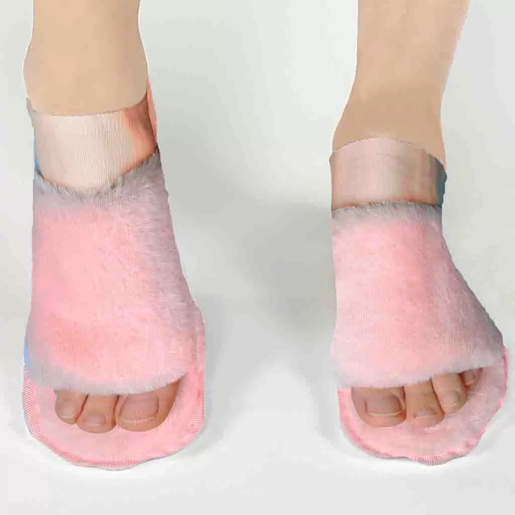 Pink Furry Slippers Printed on No Show Socks for Her