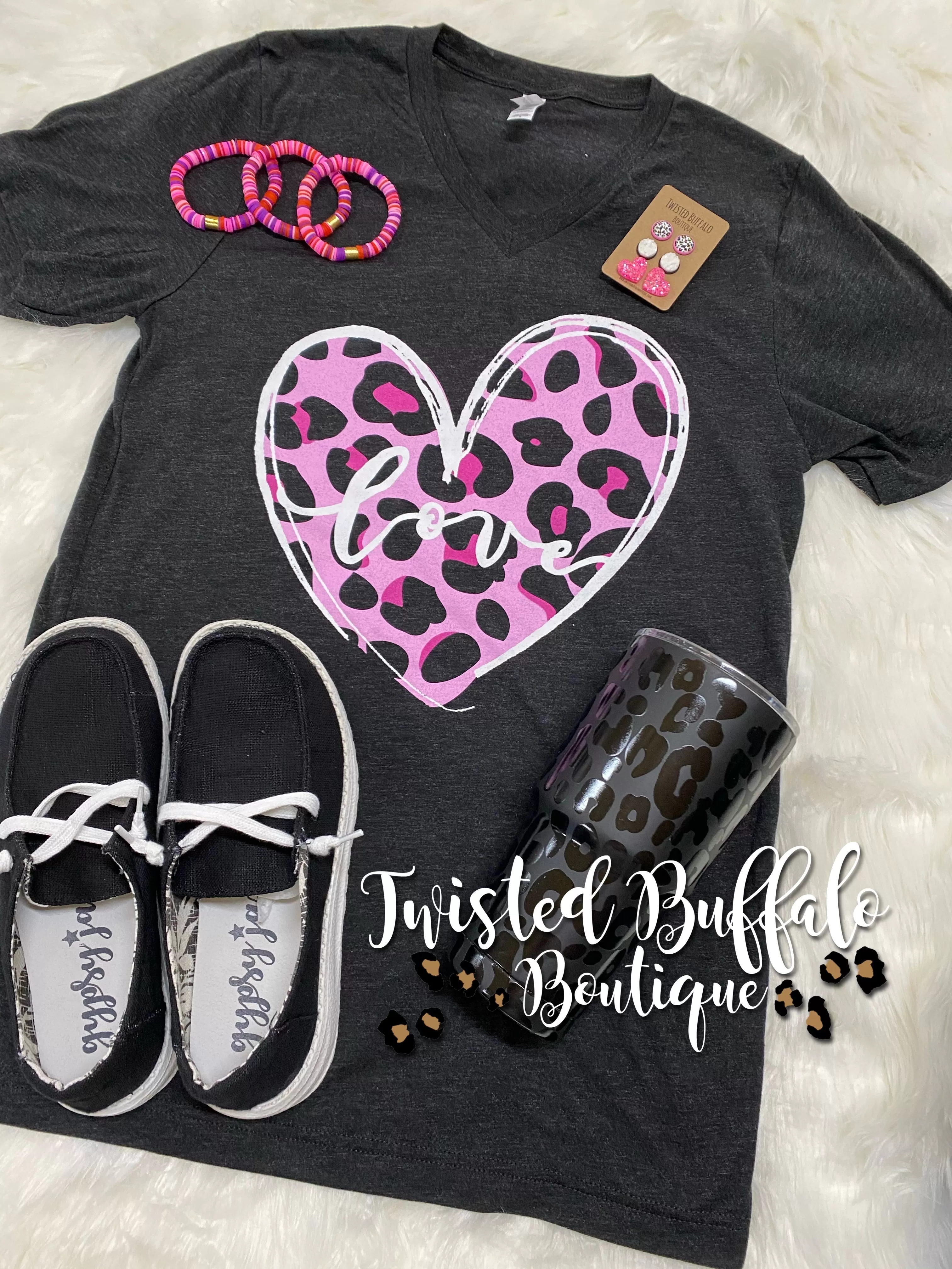 {PINKY PROMISE} Black   Pink Leopard Heart Char-Black V-Neck Tee