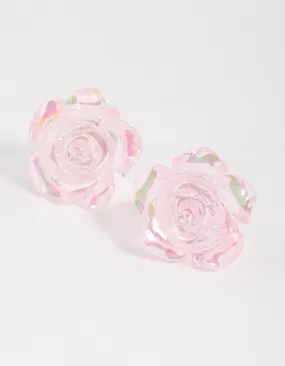 Plastic Pink Rose Bloom Stud Earrings