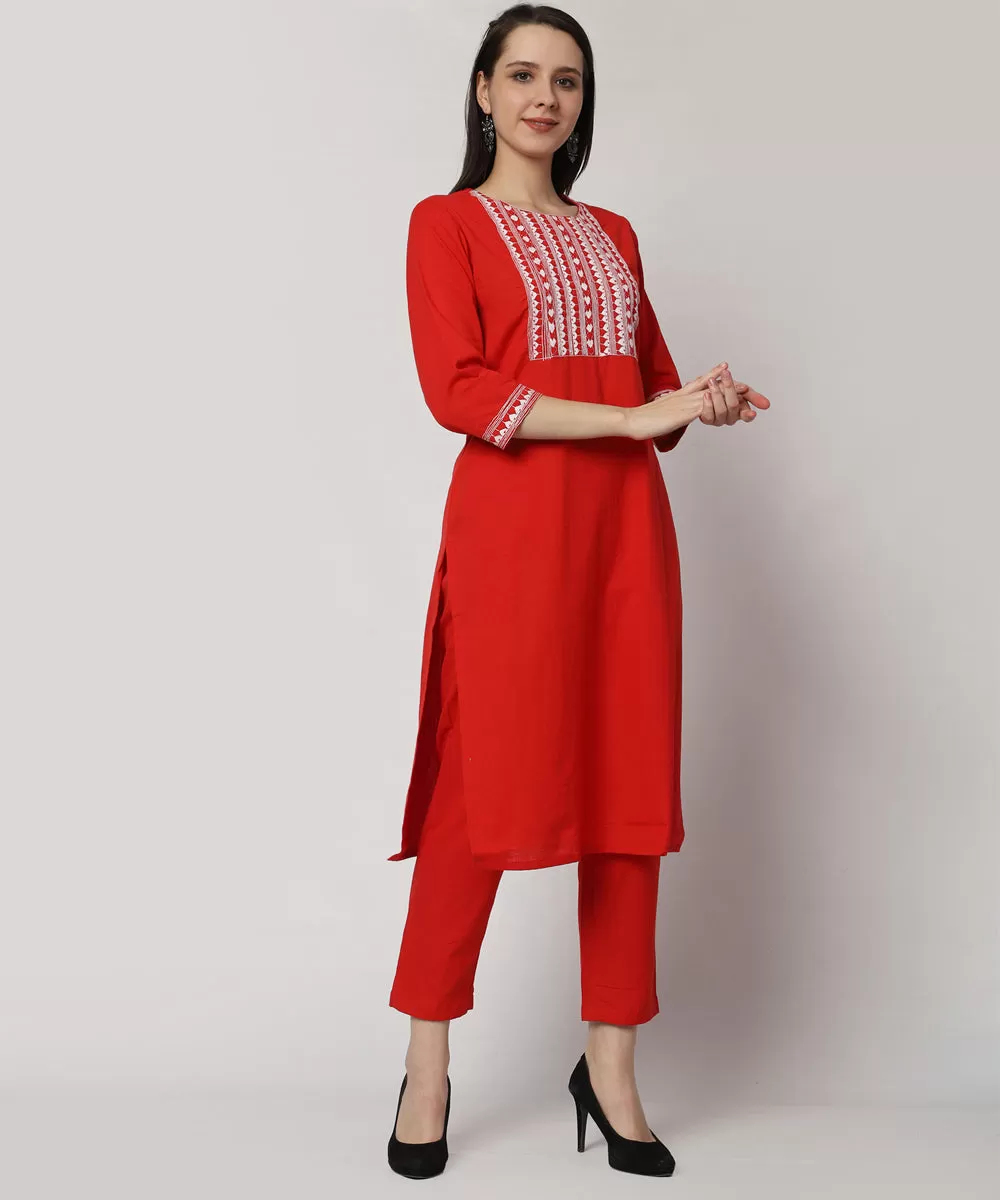 Red cotton hand embroidered 3/4 sleeve kurta set