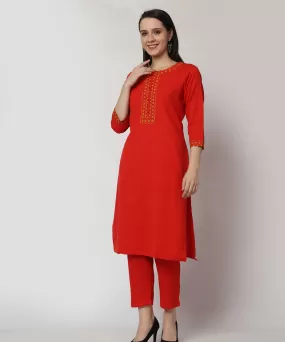 Red cotton hand embroidered kurta set