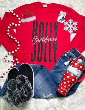 Red Long-Sleeve {HOLLY JOLLY CHRISTMAS} Crew Neck Tee