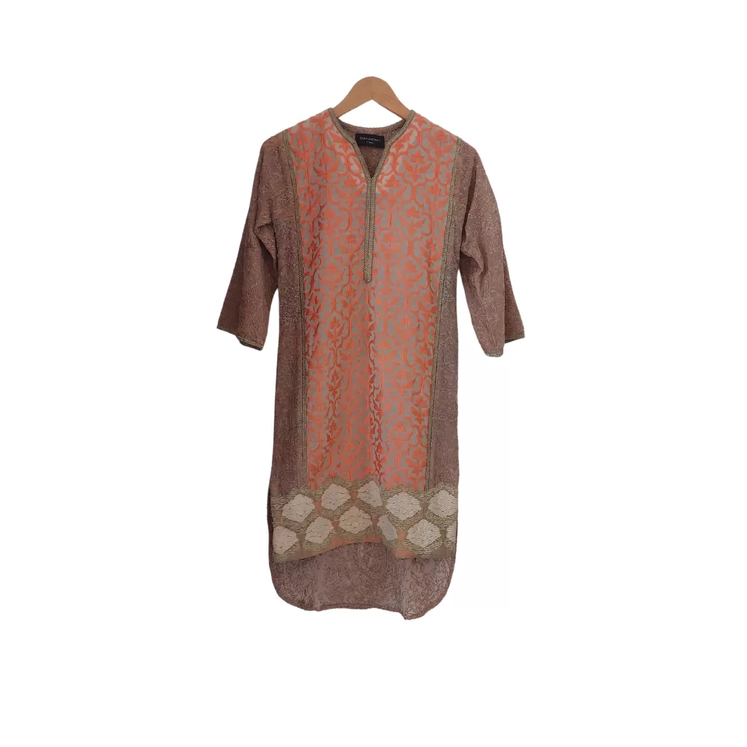 Sana Safinaz Beige & Coral Embroidered Cotton-net Kurta | Gently used |