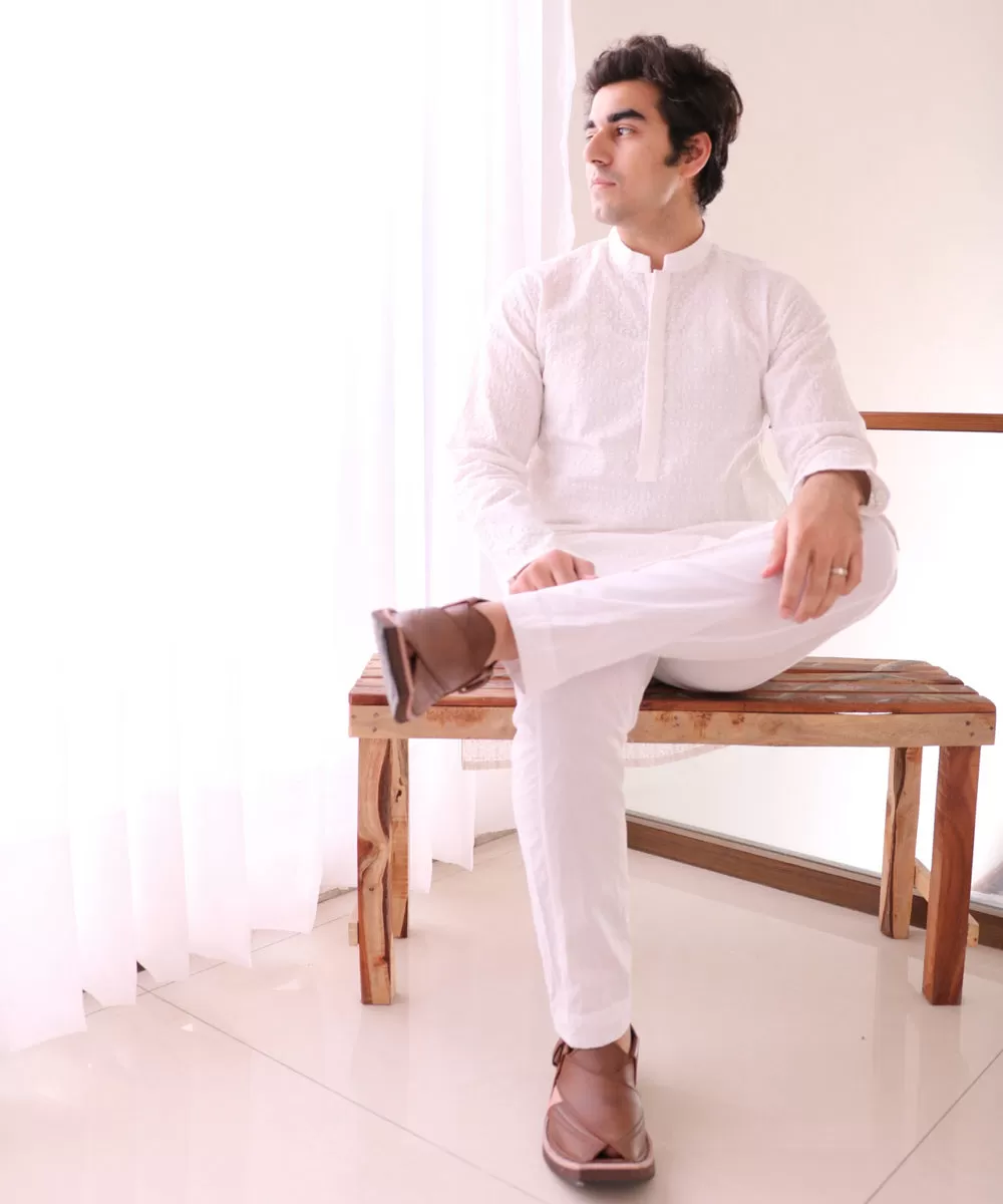 Schiffli Embroidered Cotton Kurta