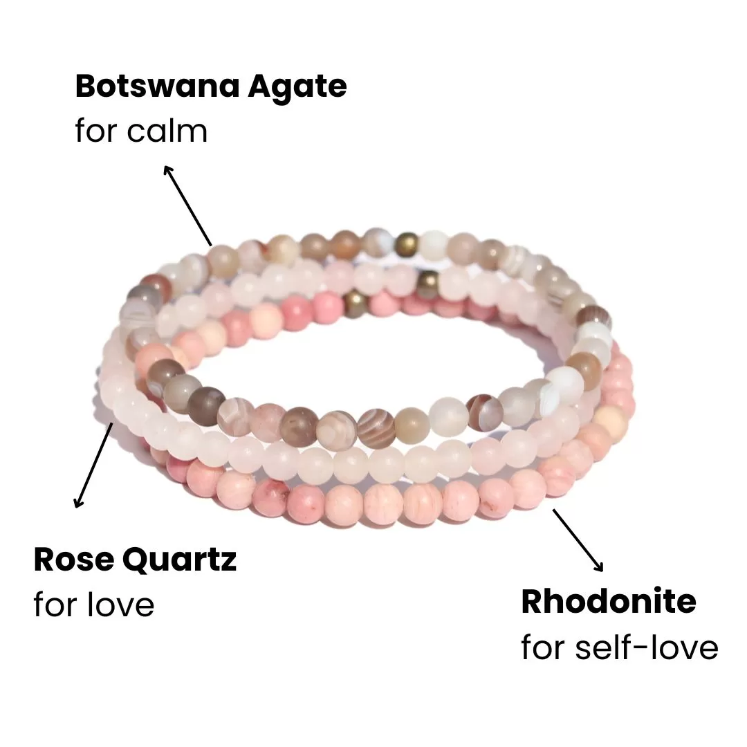 “Self-Love” Botswana Agate Rose Quartz and Rhodonite Bracelet Set