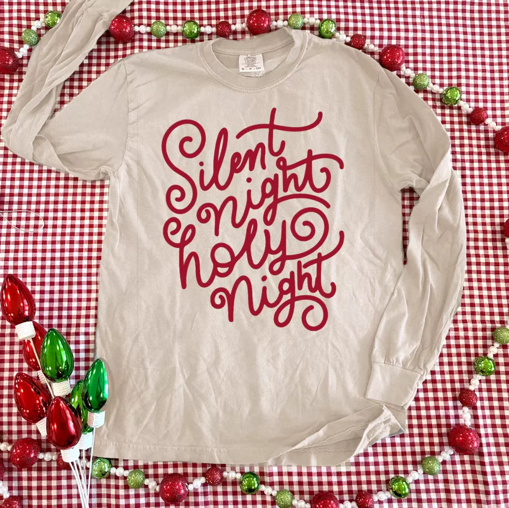 {SILENT NIGHT, HOLY NIGHT} Red Lettering Natural Long-Sleeve Tee