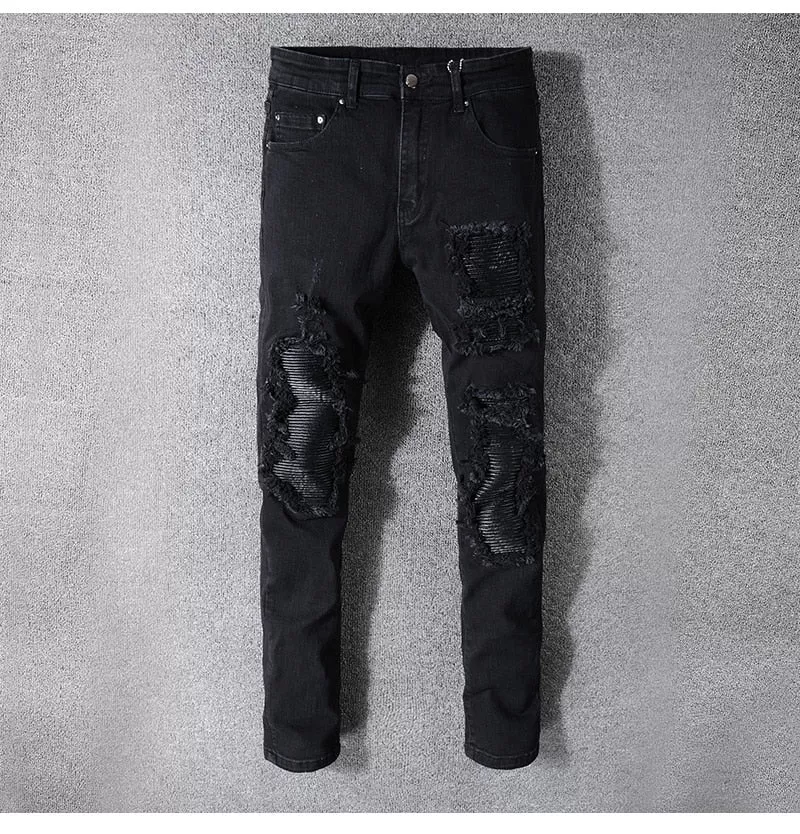 SKINNY-FIT DISTRESSED LEATHER-PANELLED DENIM JEANS - BLACK