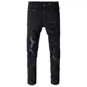 SKINNY-FIT DISTRESSED LEATHER-PANELLED DENIM JEANS - BLACK