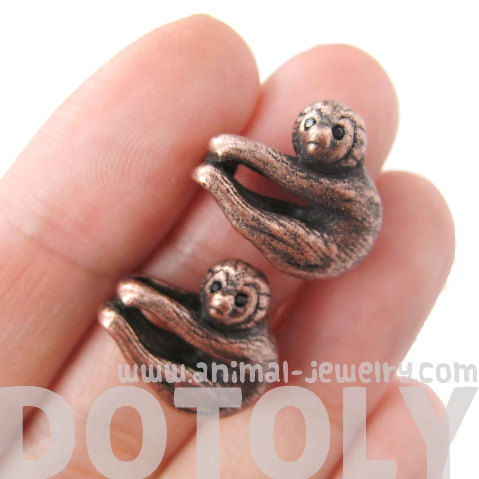 Sloth Clinging Onto Your Ears Shaped Animal Stud Earrings in Copper | DOTOLY