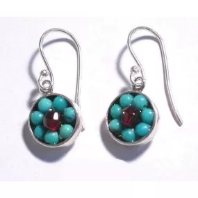 Sterling Silver Earrings, Turquoise Garnets Dangling Earrings  Israeli Jewelry