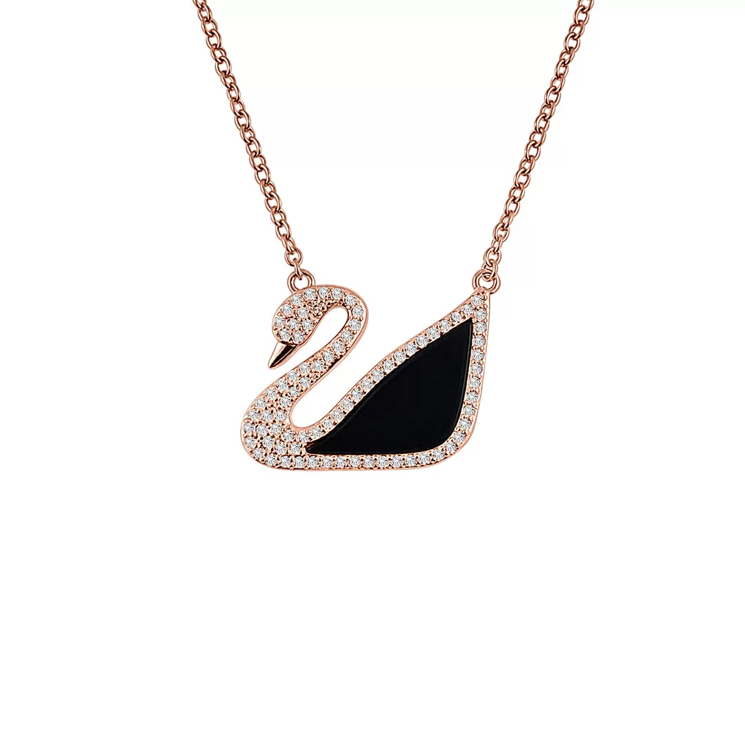 Sterling Silver Onyx Swan Halo Necklace