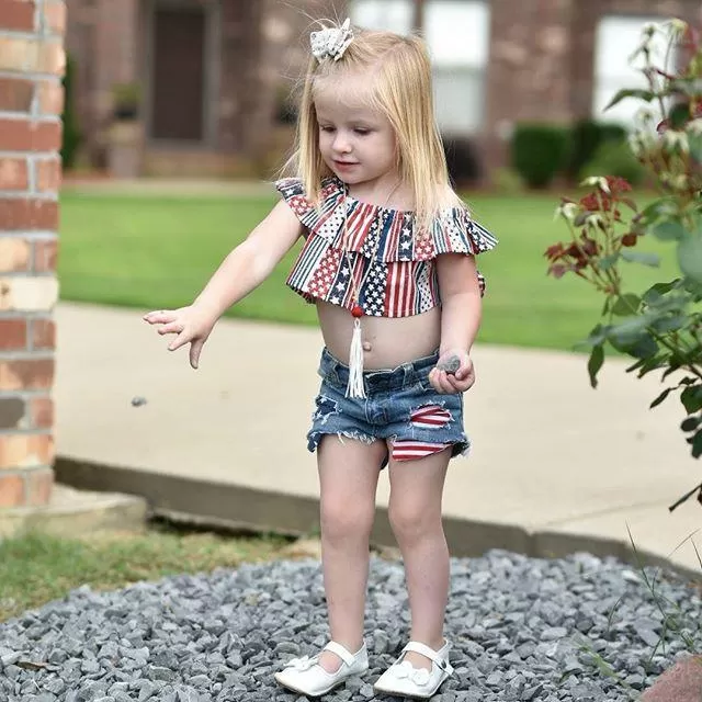 Strap Top Denim Shorts Independence Day Suit