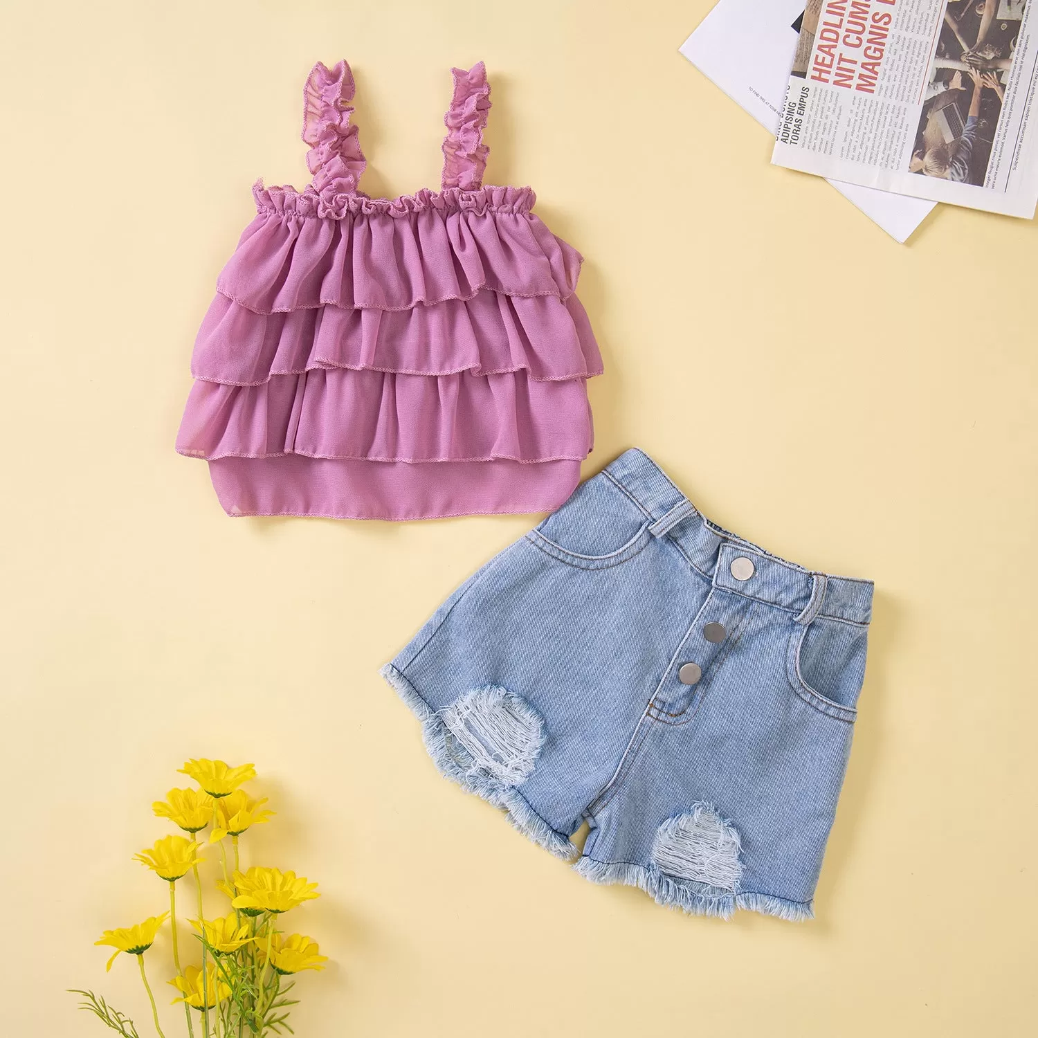 Summer New Children's Loose Top with Suspender two Pieces of Torn Denim Shorts