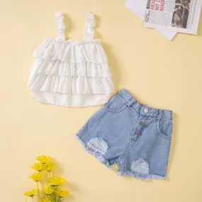 Summer New Children's Loose Top with Suspender two Pieces of Torn Denim Shorts