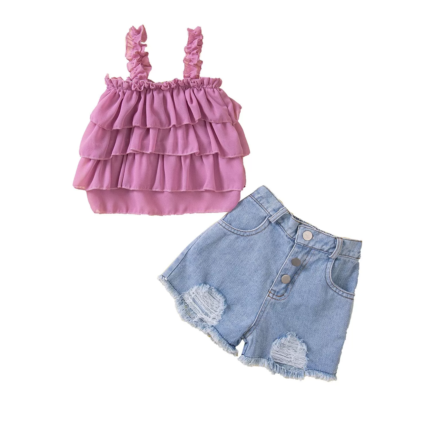 Summer New Children's Loose Top with Suspender two Pieces of Torn Denim Shorts