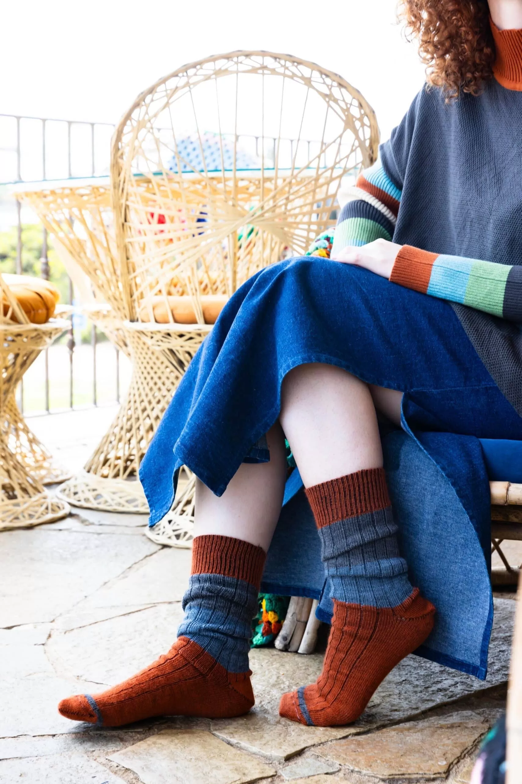 Tightology - Chunky Rib Stripe Merino Wool Socks - Rust - One Size