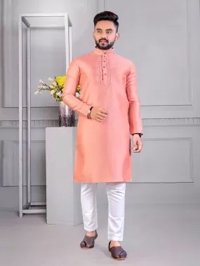 Traditional Peach Color Solid Embroidered Silk Kurta Pajama Set