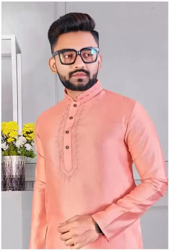 Traditional Peach Color Solid Embroidered Silk Kurta Pajama Set