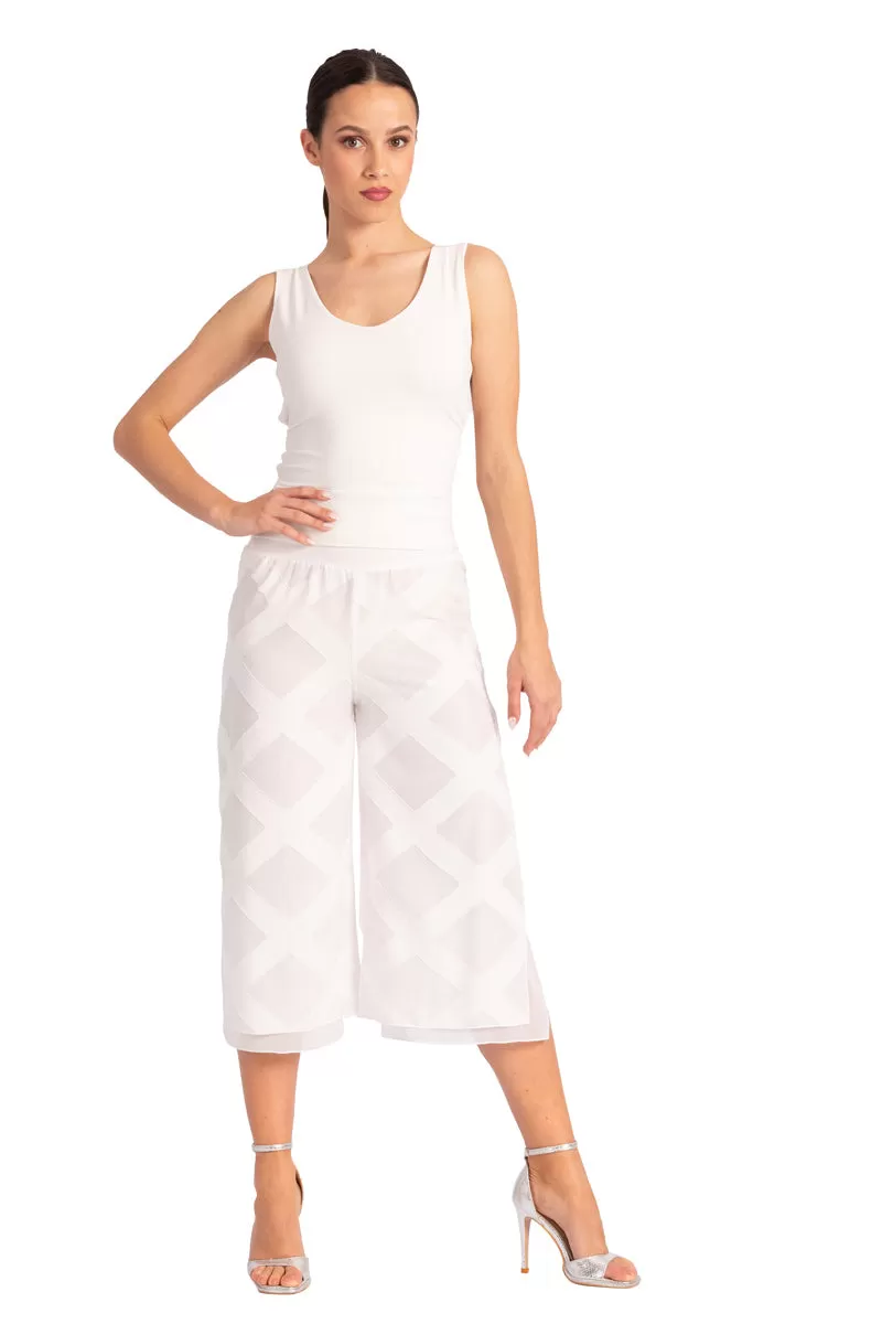 Two-layer White 3D Relief Cropped Culottes With Slits