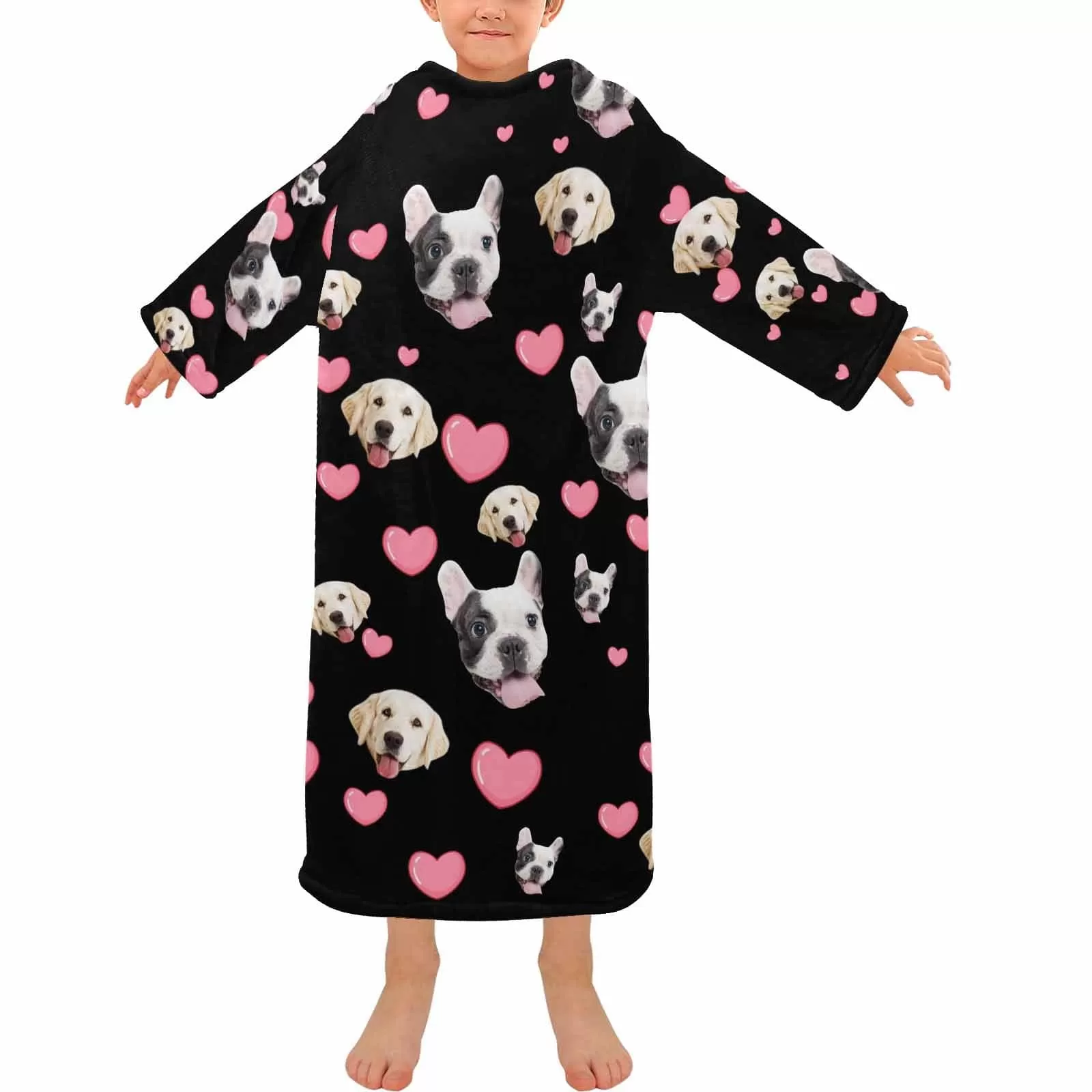 Wearable Blanket Hoodie Custom Pet Face Dog Pink Heart Blanket Hoodie for Adult&Kids Personalized Oversized Hoodie Fleece Blanket Photo Gifts