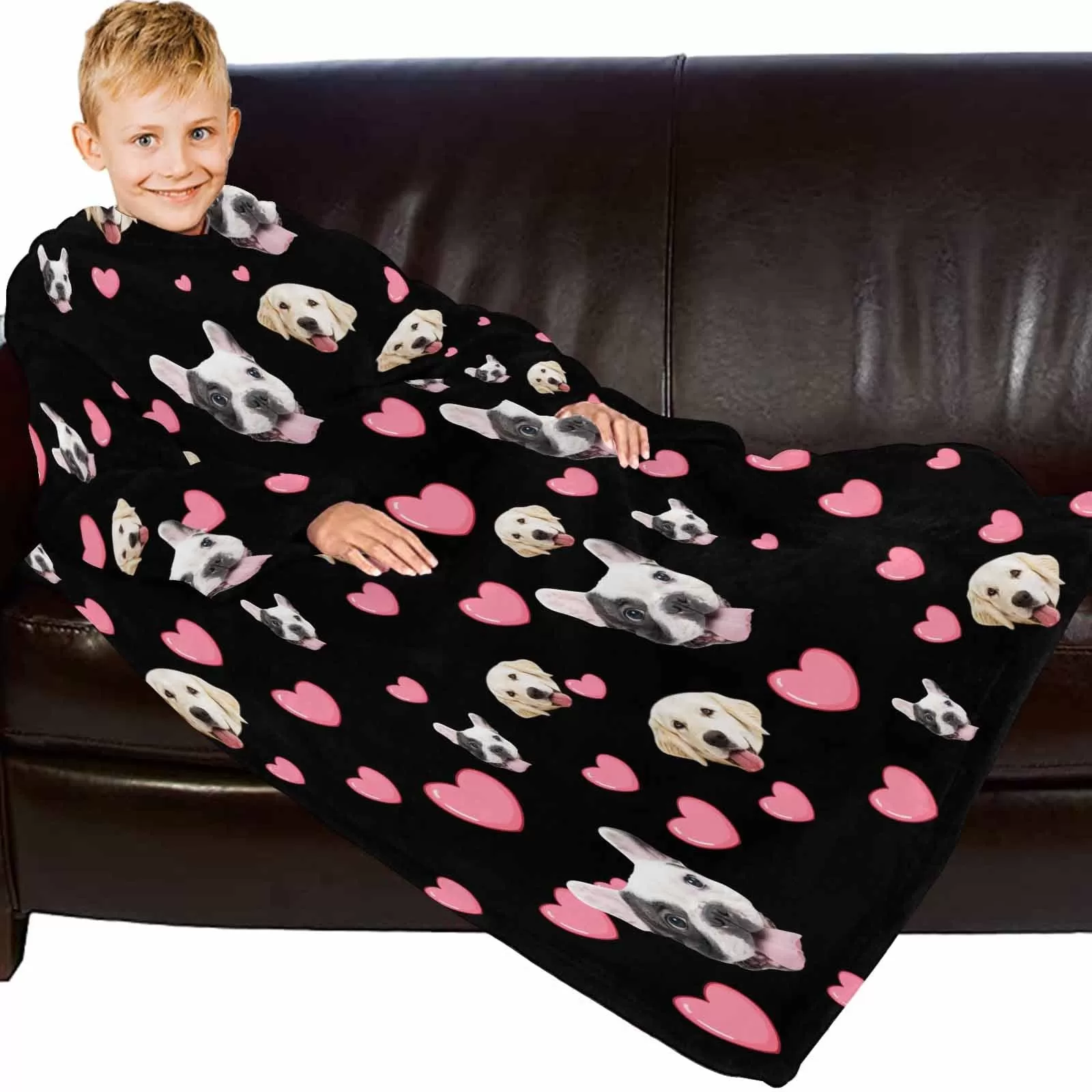 Wearable Blanket Hoodie Custom Pet Face Dog Pink Heart Blanket Hoodie for Adult&Kids Personalized Oversized Hoodie Fleece Blanket Photo Gifts