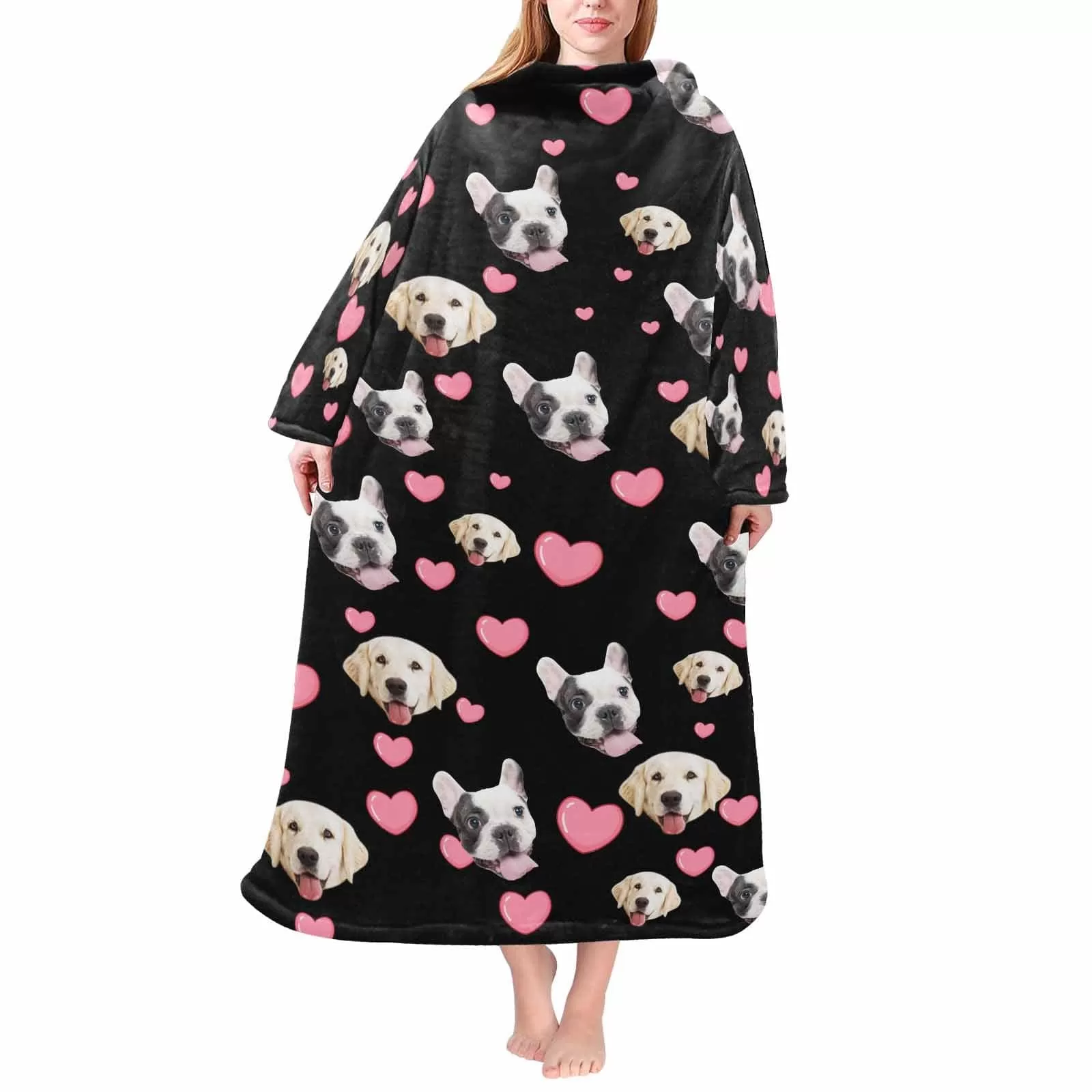 Wearable Blanket Hoodie Custom Pet Face Dog Pink Heart Blanket Hoodie for Adult&Kids Personalized Oversized Hoodie Fleece Blanket Photo Gifts