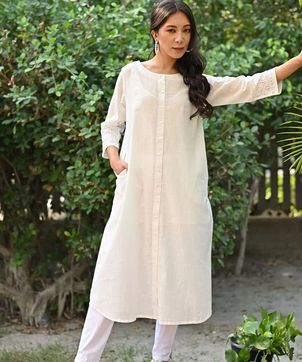 White hand embroidered cotton A line kurta