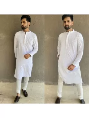 White Rayon Chikankari Men Kurta with Payjama (Set 2)