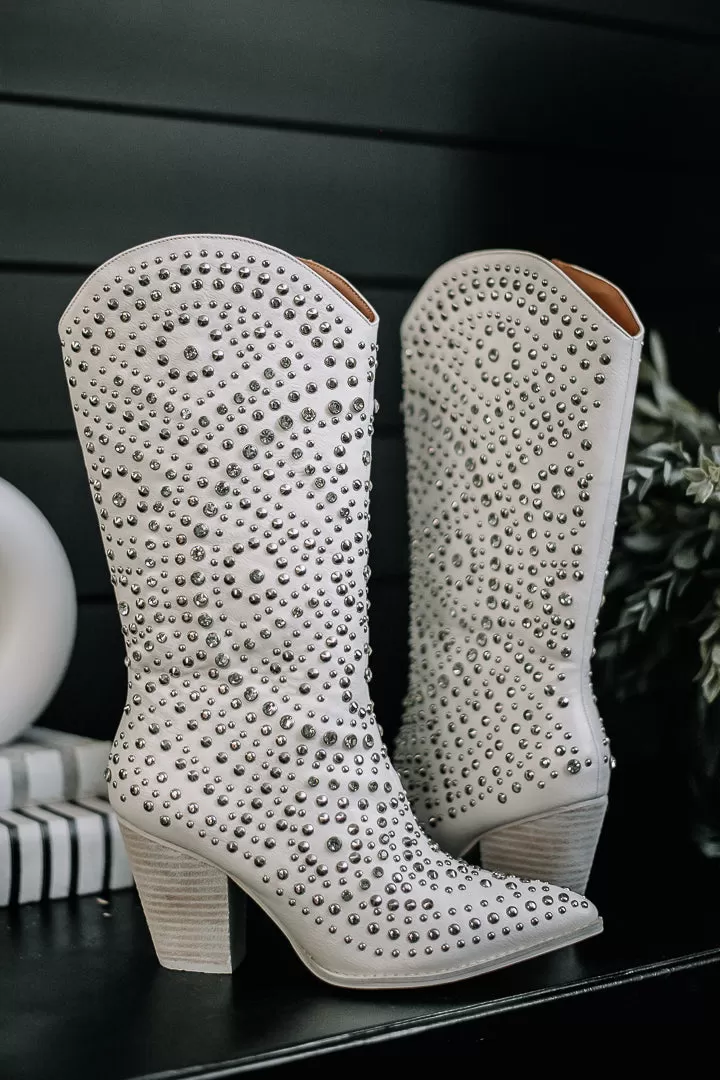 WHITE SCOOTIN RHINESTONES AND STUDS TALL BOOT