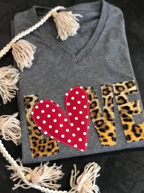 {WILD   LOVELY} Leopard   Heart Appliqued Gray V-Neck Tee