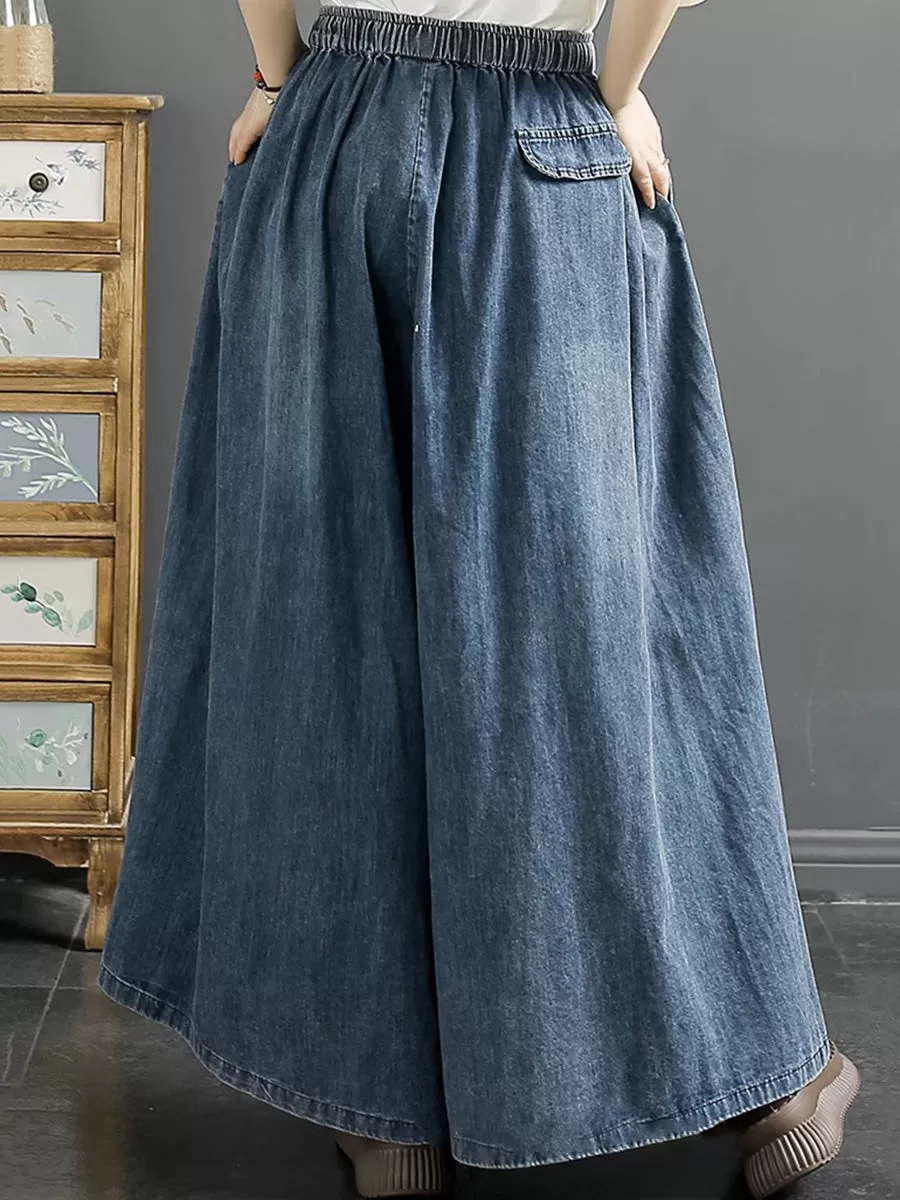 Women Summer Artsy Flower Embroidery Wide-leg Denim Pants CO1043