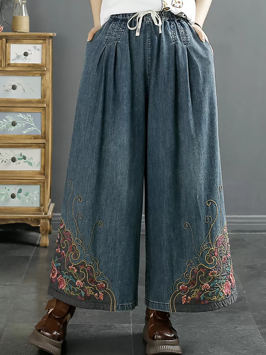 Women Vintage Summer Embroidery Wide-leg Denim Pants CO1050