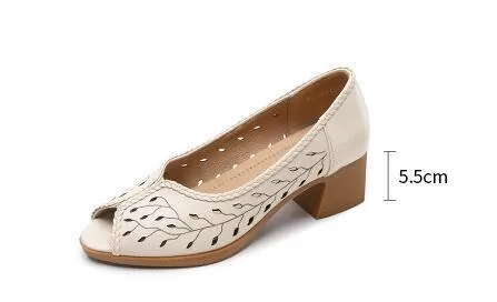 Women's Casual Shoes: Leather Mid Heel Hollow Sandals - KZ321