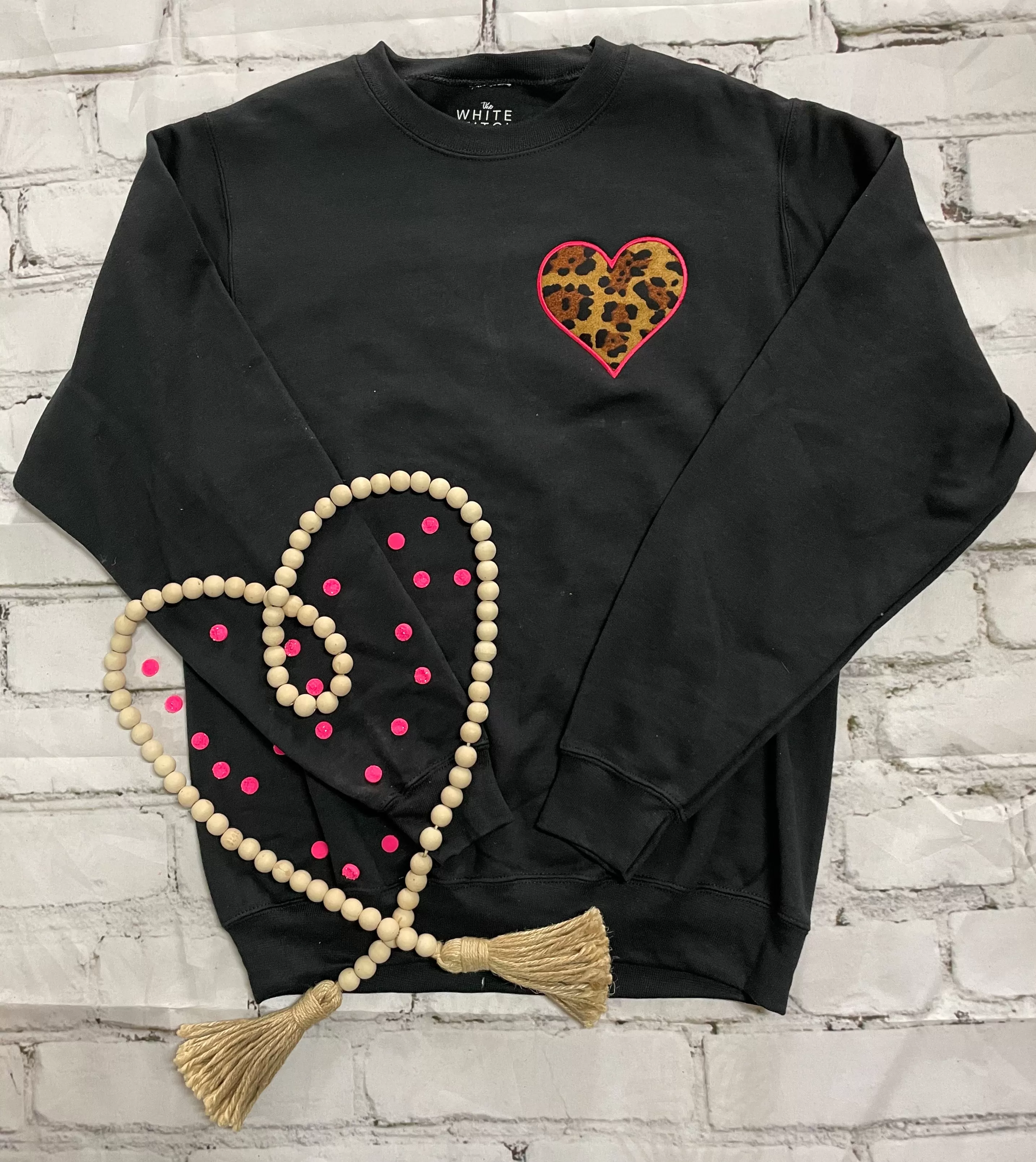 {YOU GIVE LOVE A BAD NAME} Leopard   Pink Applique' Heart Black Crew Neck Sweatshirt