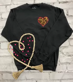 {YOU GIVE LOVE A BAD NAME} Leopard   Pink Applique' Heart Black Crew Neck Sweatshirt