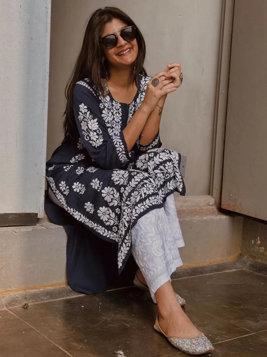 Zoya Navy Blue Chikankari Long Kurta