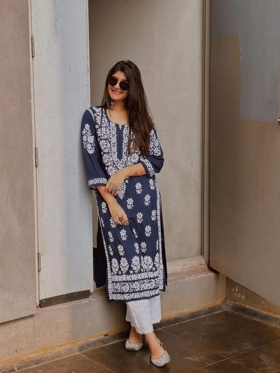 Zoya Navy Blue Chikankari Long Kurta